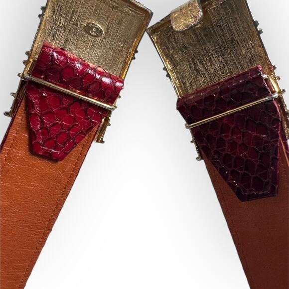 Vtg Alexis Kirk Belt Gold Ornate Buckle Red Snakeskin Leather Designer 80s main image 14